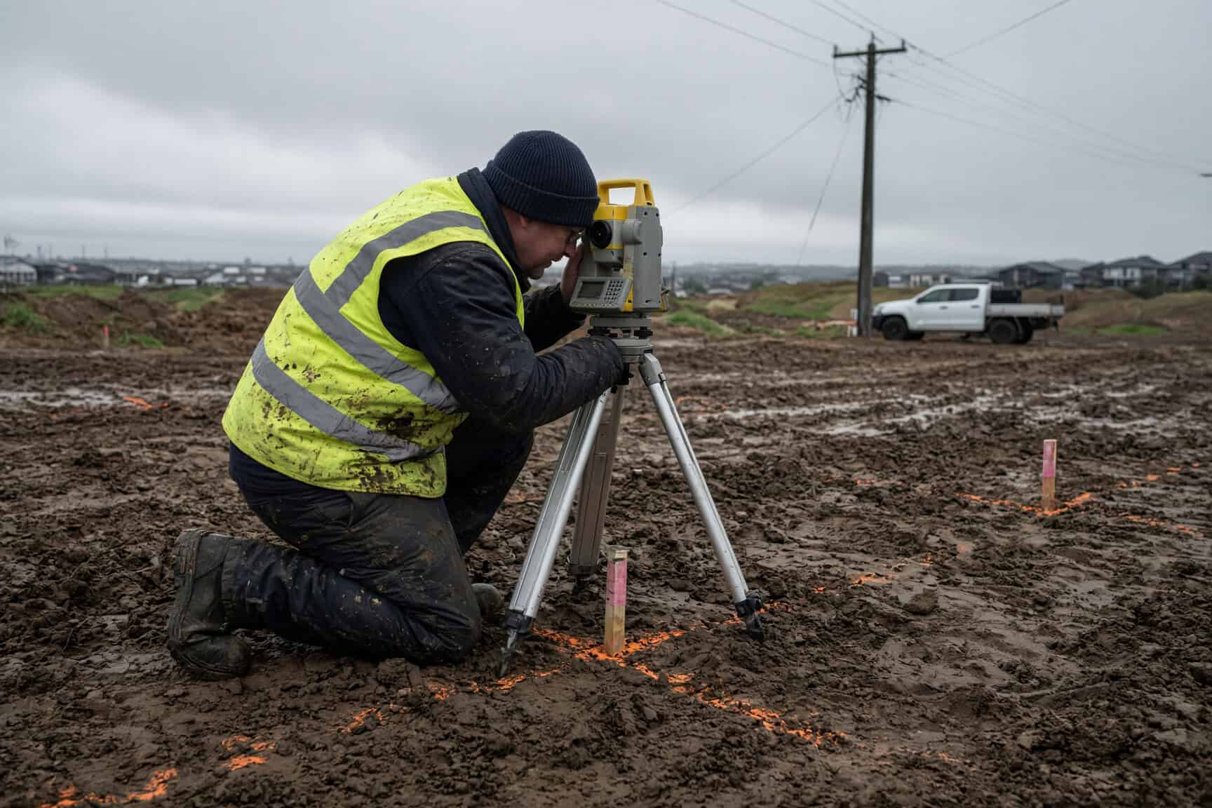 Surveyor kneeling behind a tripod-mounted instrument, taking levels on a bare subdivision site